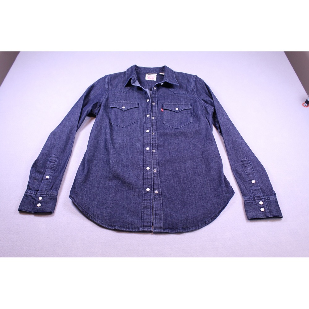 Levis Womens Tailored Fit Western Denim Shirt Dark Wash Pearl Snap Small